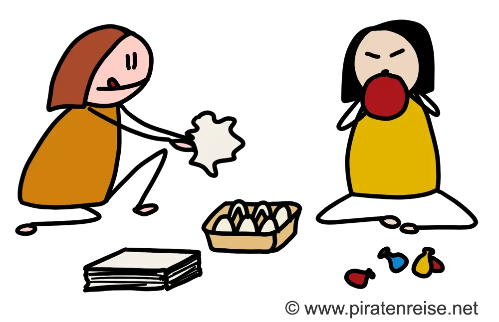 Übung 5: Zwei Kinder sitzen neben einer Schachtel Eier, Luftballons und Papier. Ein Kind pustet einen Luftballon auf - ein anderes zerknüllt Papier.