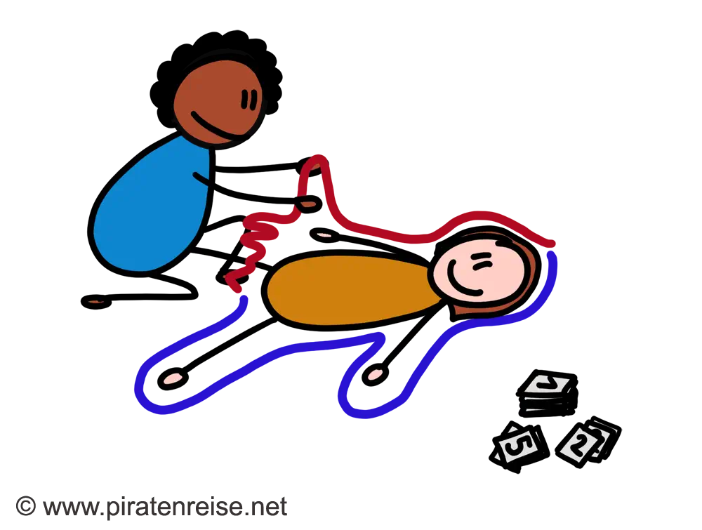 Übung 1: Ein Kind liegt auf dem Boden, ein anderes legt einen Umriss mit Seilen, daneben liegen Zahlenkarten