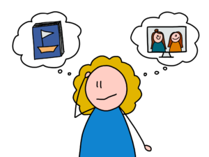 Sketch-Bild Erzieherin mit Denkblase Buch oder Onlinekurs